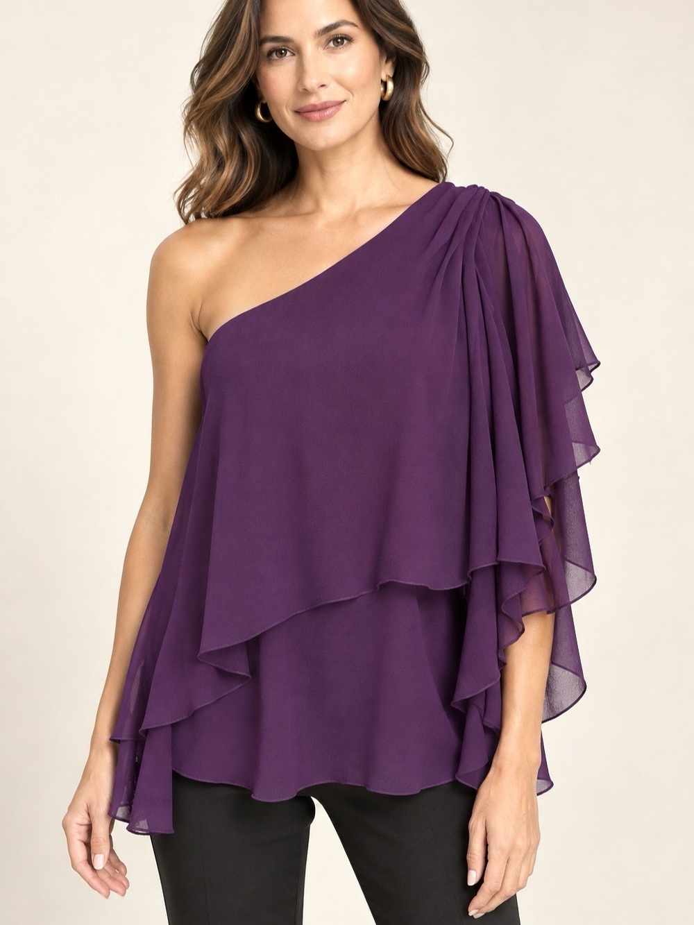Alice + Olivia One-Shoulder Silk Chiffon Drape Top in Purple / Plum Like New